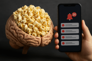 دماغ بشري ممتلئ بحبّات بوشار، بجانبه هاتف ذكي يعرض إشعارات متعددة، في تعبير بصري عن تشتّت الانتباه نتيجة إدمان السوشال ميديا