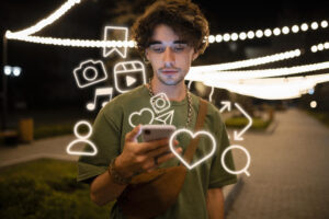 شاب يستخدم هاتفًا ذكيًا لعرض محتوى تفاعلي مثل الفيديوهات القصيرة والإشعارات – تعبير بصري عن سلوك المستخدم الرقمي وسعي الدماغ للمكافأة الفورية